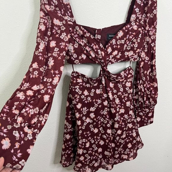 Bardot Women's Logan Maroon Floral Mini Dress Size 4 Long Sleeve Cutout Waist - Picture 5 of 12